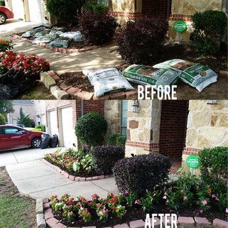 Before-and-after front yard landscaping with flower beds, shrubs, and a concrete walkway at a house.