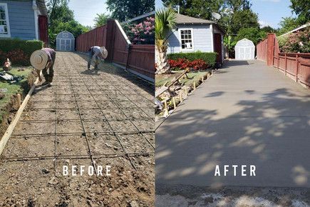 Before-and-after of a driveway renovation: workers laying pavers on the left, finished smooth driveway on the right.