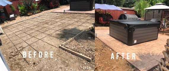 Before-and-after patio: bare dirt transformed into a paved outdoor area with a hot tub.