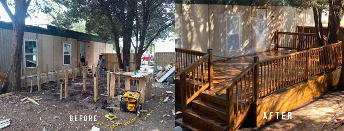 Backyard deck before and after, showing a clean new wooden porch with steps and railings