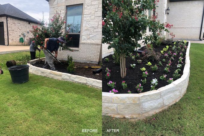 Before-and-after yard landscaping: flower bed added around a house’s corner.