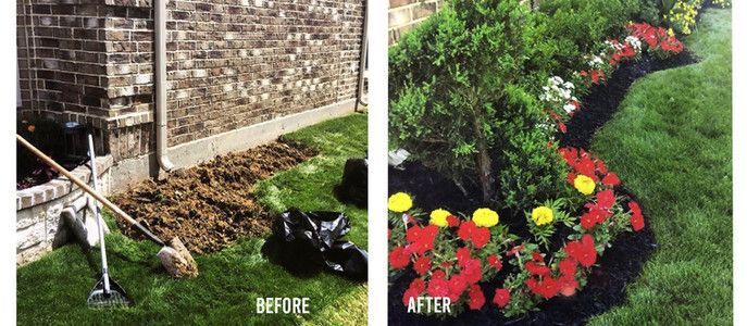 Before-and-after of a garden bed transformation: bare soil to colorful flower border along a stone wall.