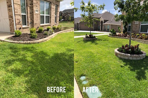 Before-and-after backyard lawn with green grass, stone flower beds, and a house patio.