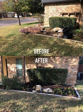 Before-and-after of a house front yard landscaping renovation with bushes, rocks, and trimmed grass.