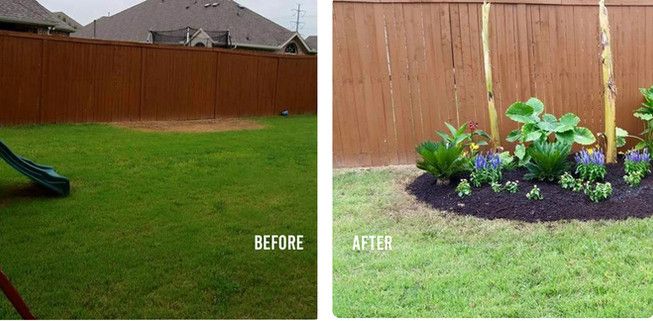 Backyard before-and-after: bare grass becomes a small flower bed along the fence.