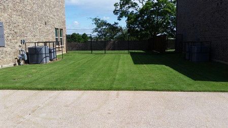 Green lawn between brick buildings with a concrete driveway in front and trees in the background