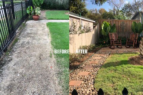 Before-and-after backyard path makeover: gravel strip replaced with stone border and grass seating area.