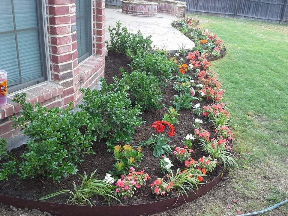 Curved flower bed with colorful blooming plants beside a brick house and window, edging a green lawn