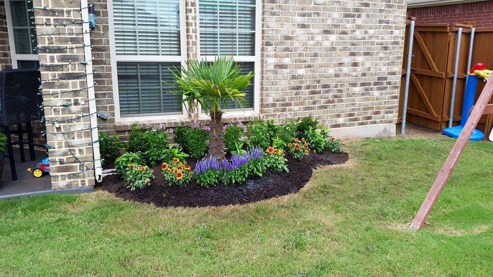 Brick house garden bed with palm, colorful flowers, and green lawn beside a window