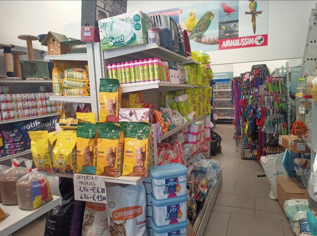 Un piccolo corridoio di un minimarket pieno di snack, bevande e articoli per la casa su scaffali ed espositori.