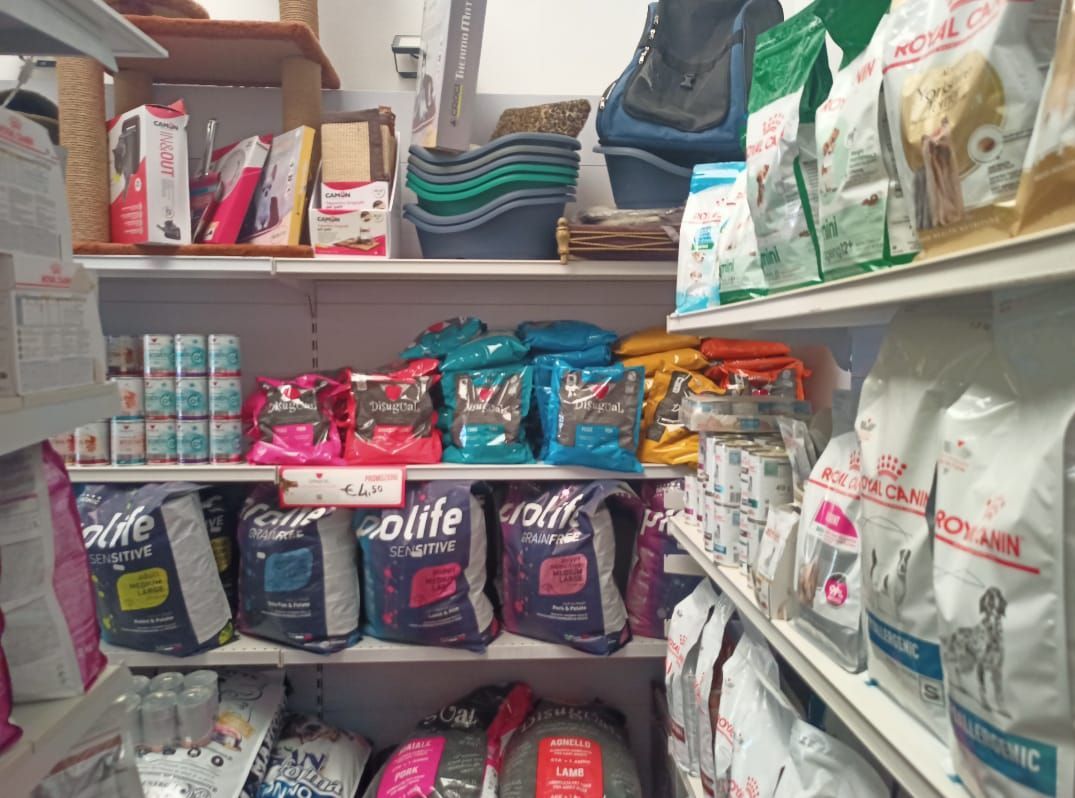 Corridoio del negozio gremito di scaffali pieni di cibo per animali, snack e accessori in sacchetti e scatole colorate.