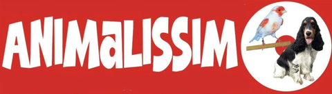 Logo Animalissimo su sfondo rosso con testo bianco e un cagnolino in un cerchio.