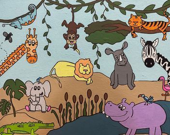 A cartoon drawing of animals in the jungle