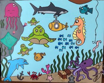 A painting of a shark , turtle , dolphin , octopus and seahorse