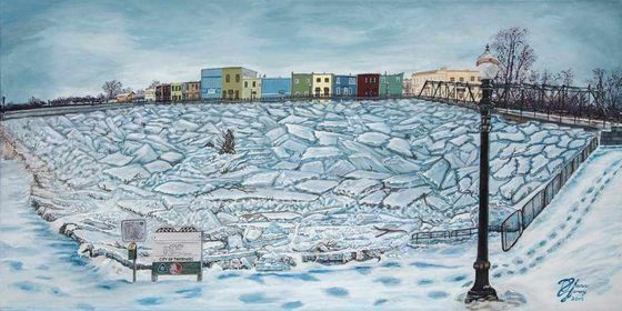 A painting of a city in the snow with a street light in the foreground.