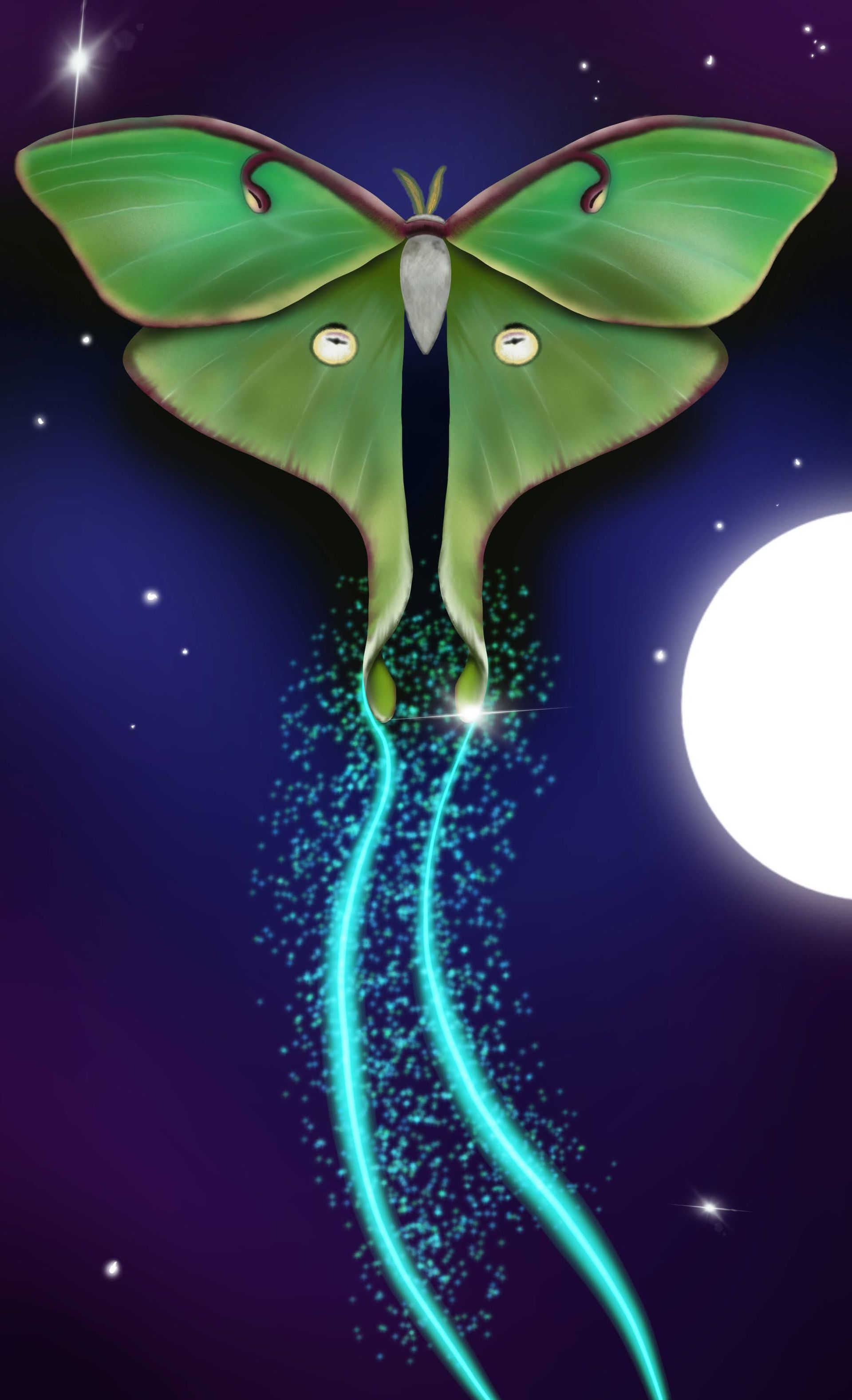 A green moth is flying in the night sky with a full moon in the background.
