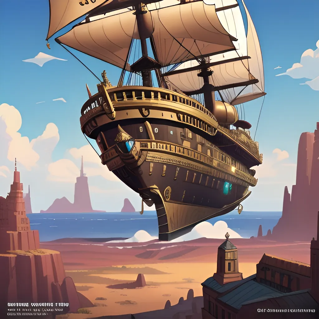 A large ship is floating in the air over the ocean