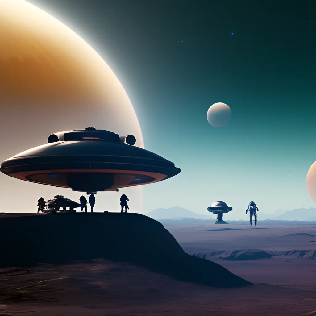 A group of people standing on top of a hill next to a space ship