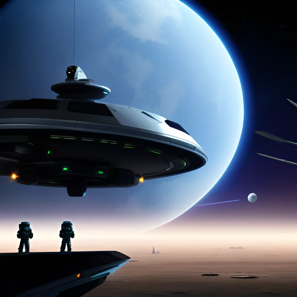 Two astronauts are standing on a platform in front of a space ship