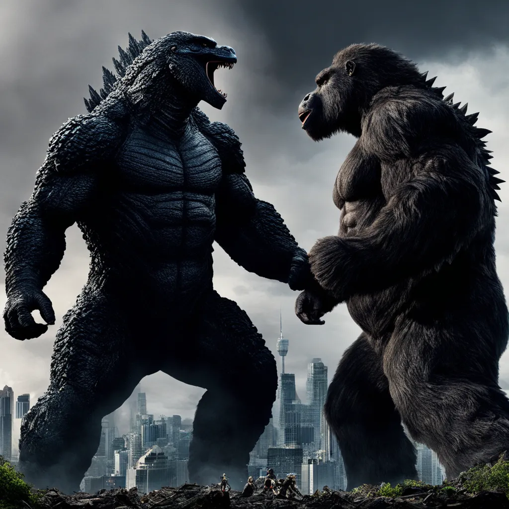 Two giant monsters standing next to each other in front of a city
