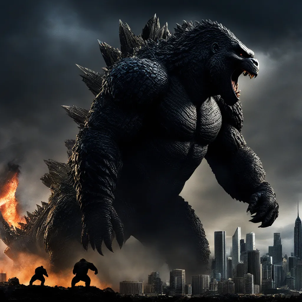A giant monster is standing in front of a city