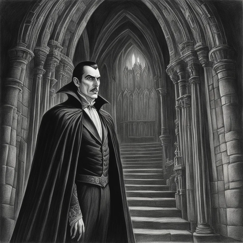 A black and white drawing of a vampire standing in front of stairs