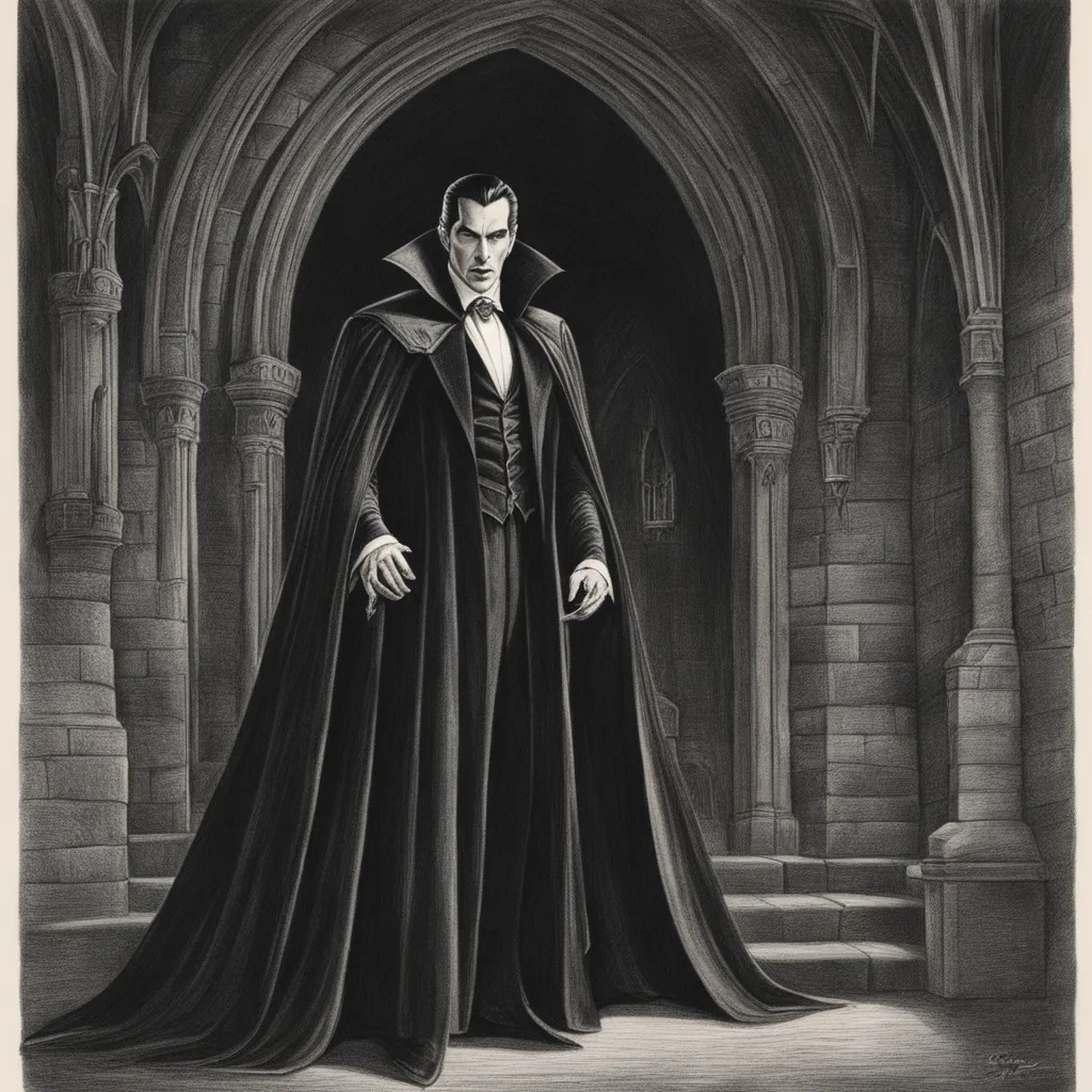 A black and white drawing of a vampire in a cloak