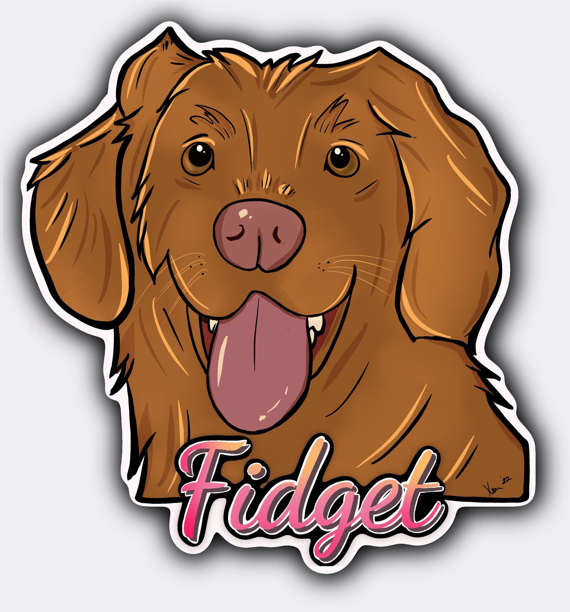 A sticker of a dog with the name fidget on it