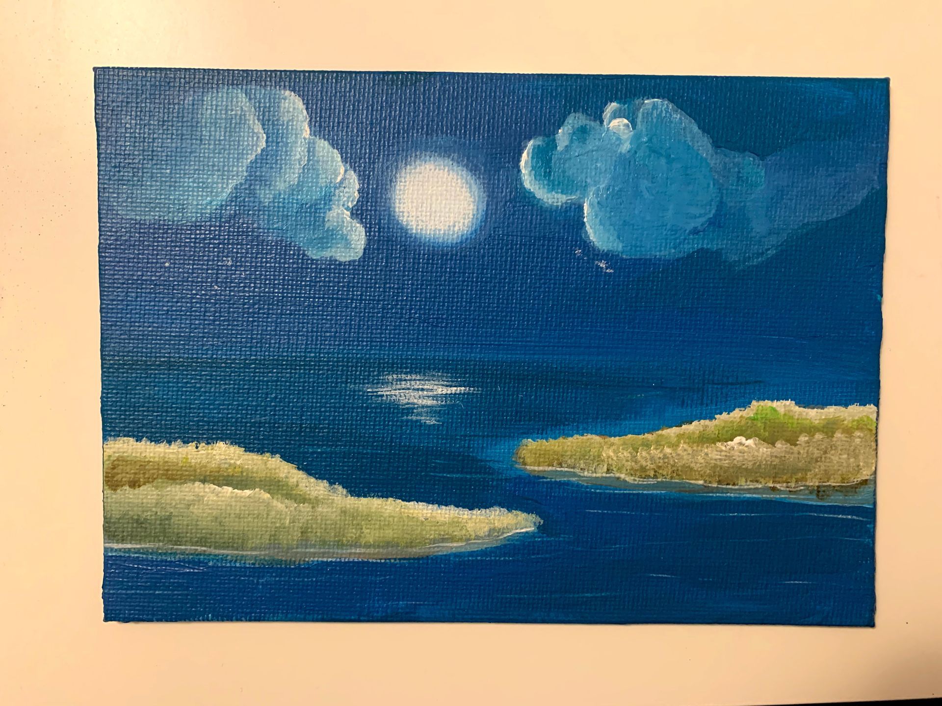 A painting of a full moon over a body of water with a small island in the foreground.