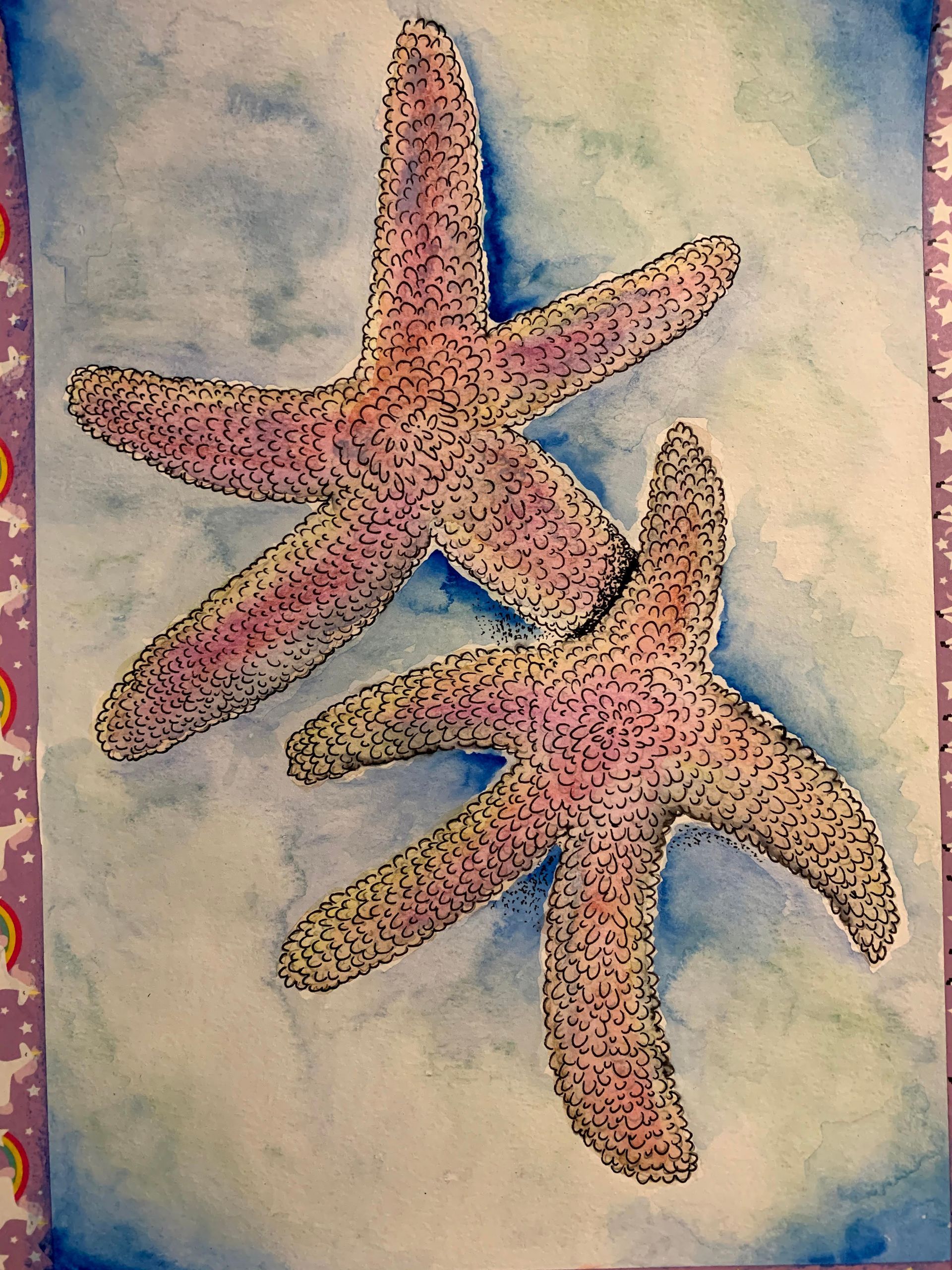 A painting of two pink starfish on a blue background