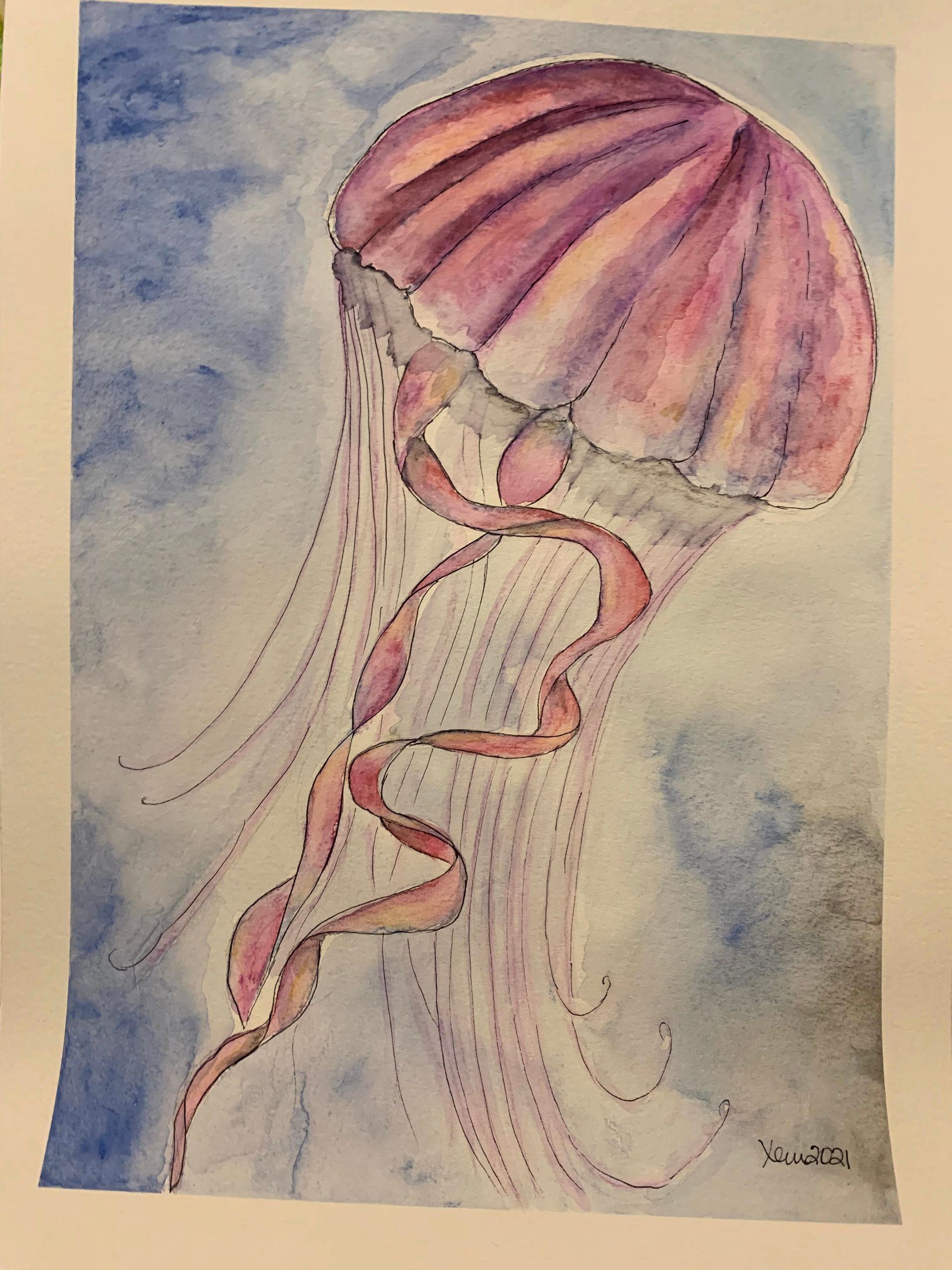 A watercolor painting of a jellyfish with long tentacles