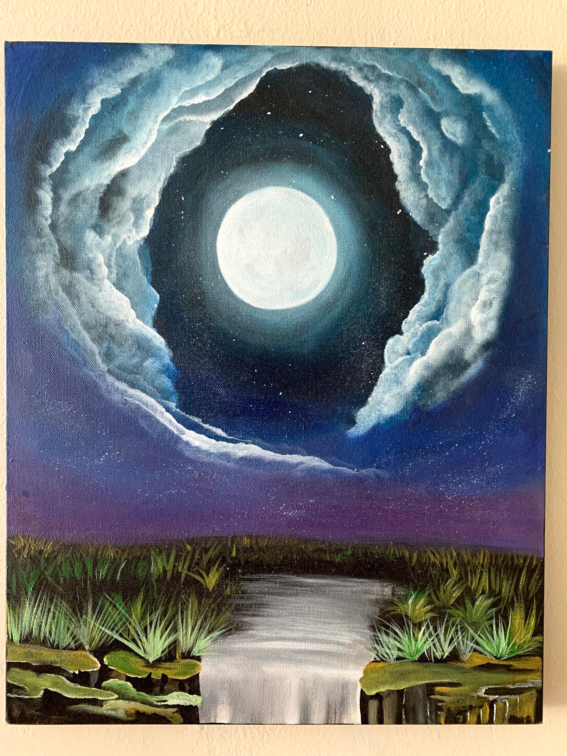 A painting of a full moon rising over a waterfall.