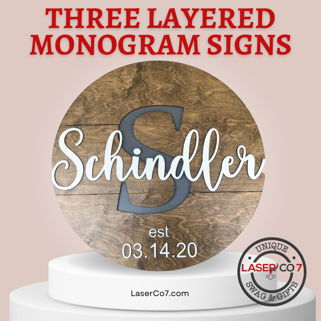 A three layered monogram sign with the name Schindler on it