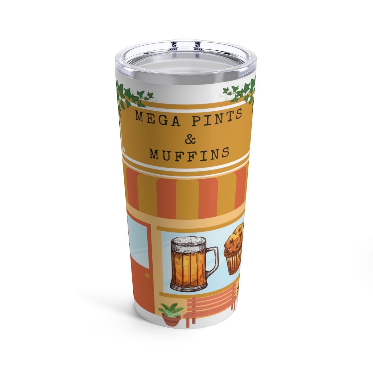 A tumbler that says mega pints and muffins on it