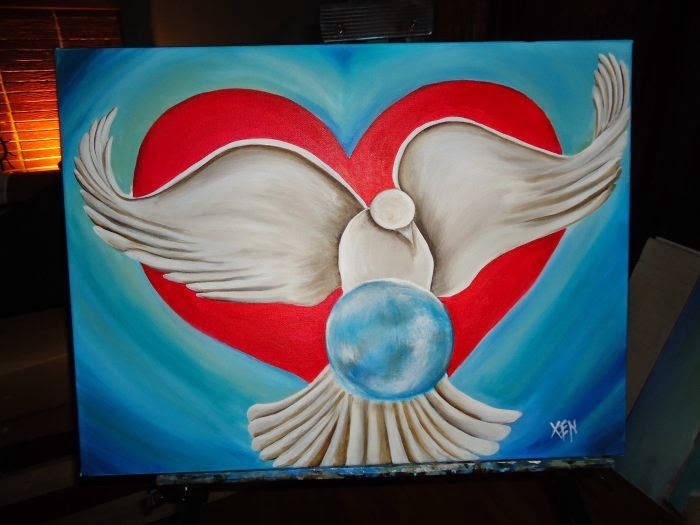 A painting of a dove with a heart in the background