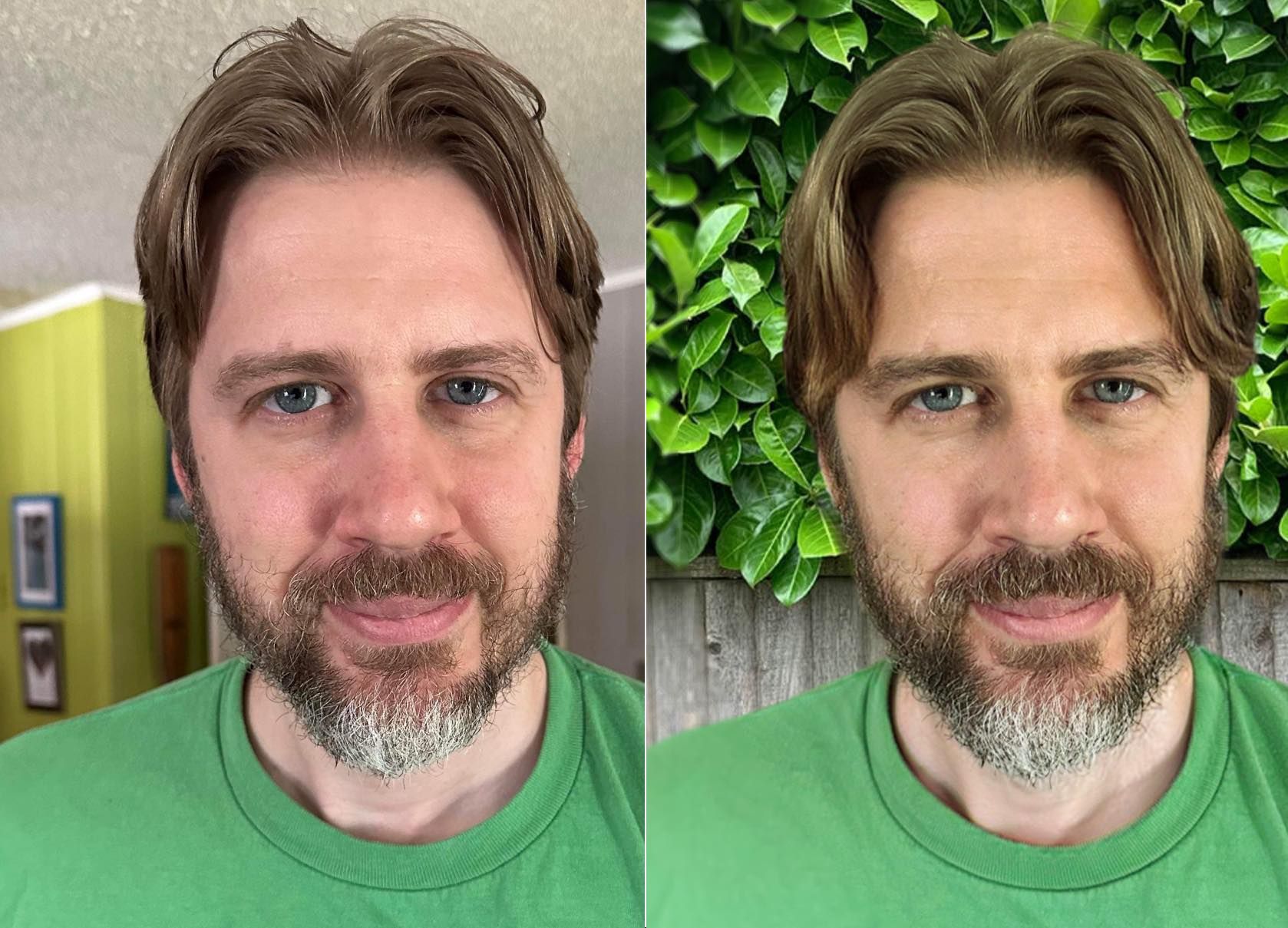 A man with a beard is wearing a green shirt showing before and after photo touch up.
