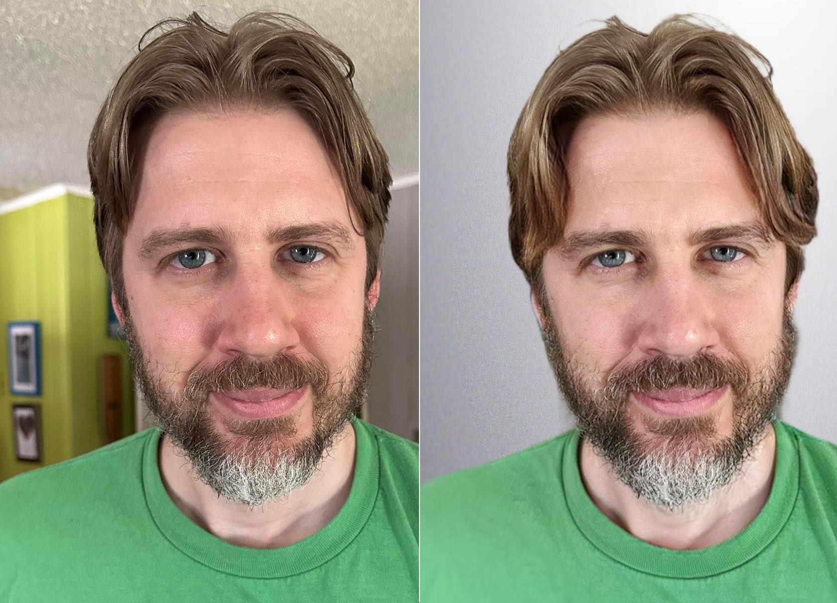 A man with a beard is wearing a green shirt showing before and after photo touch up.
