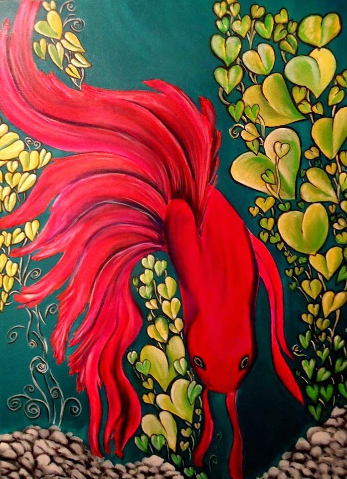 A painting of a red fish surrounded by hearts