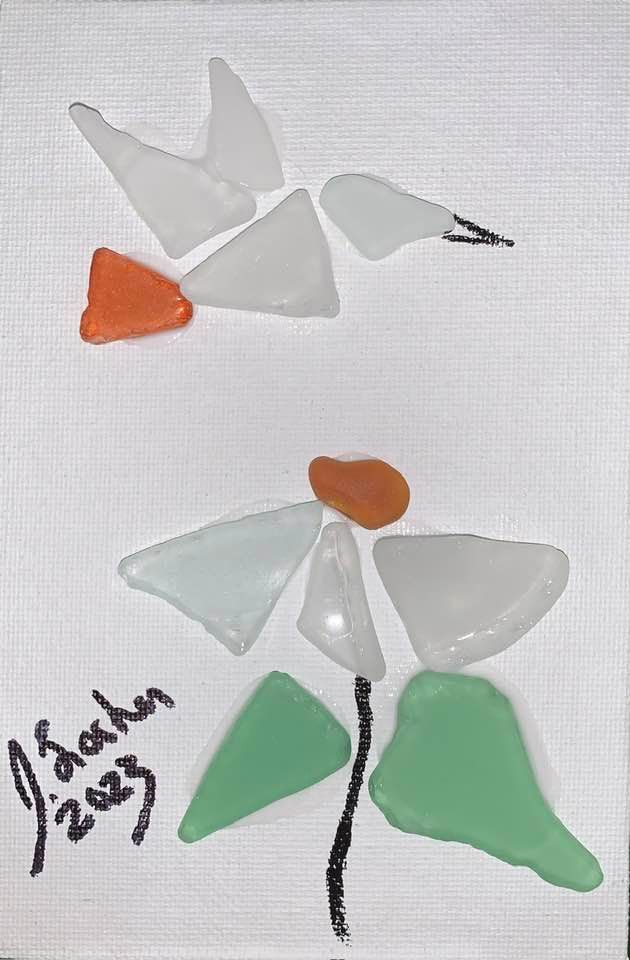 A painting of a flower made of sea glass on a white background.