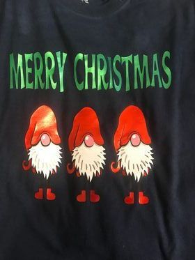 A black t-shirt with three gnomes on it and the words `` merry christmas ''.