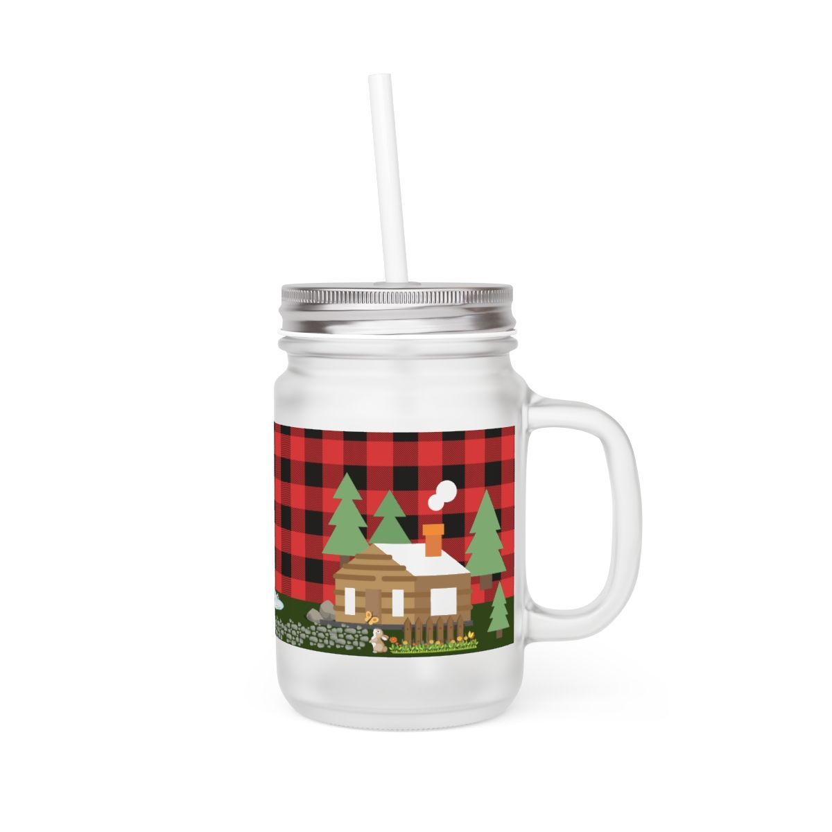 A mason jar with a straw and a cabin on it