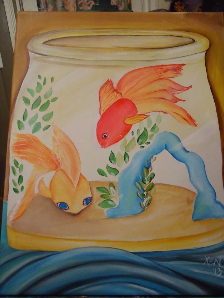 A painting of two goldfish in a jar