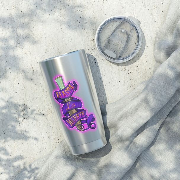 A stainless steel tumbler with a sticker on it that says happy birthday