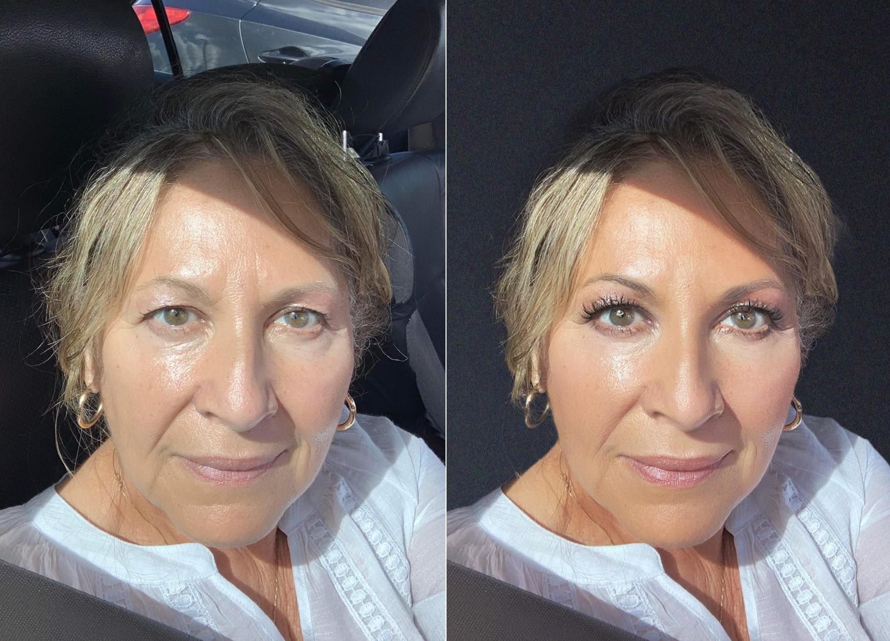 A woman in a white shirt comparison before and after photo touch up