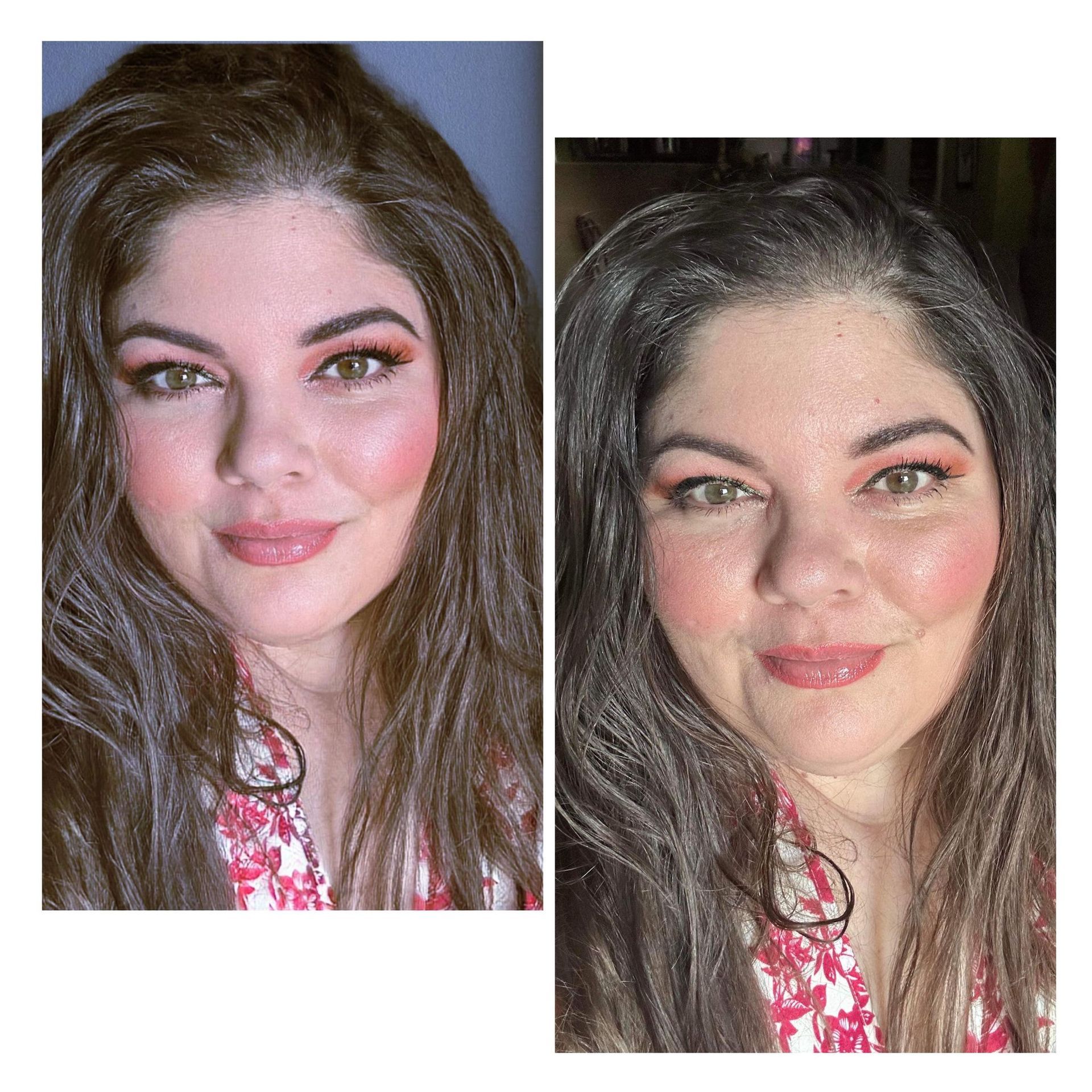 A woman 's face is shown before and after a photo touch up.