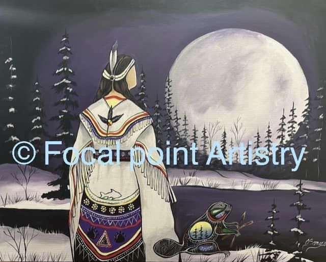 A painting of a woman standing in front of a full moon