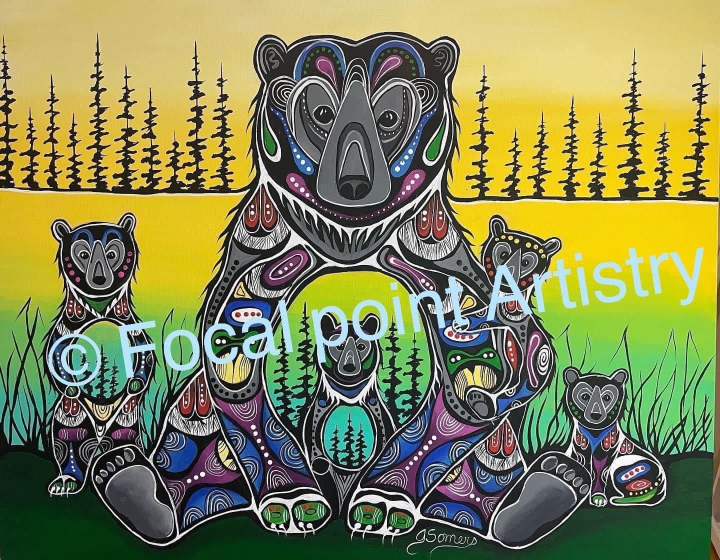 A painting of a bear and her cubs by focal point artistry