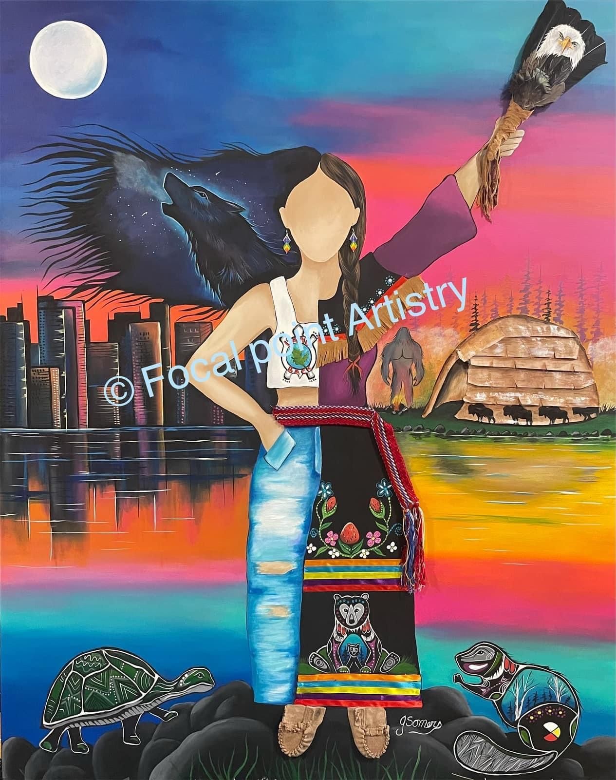 A painting of a native american woman holding a feather.
