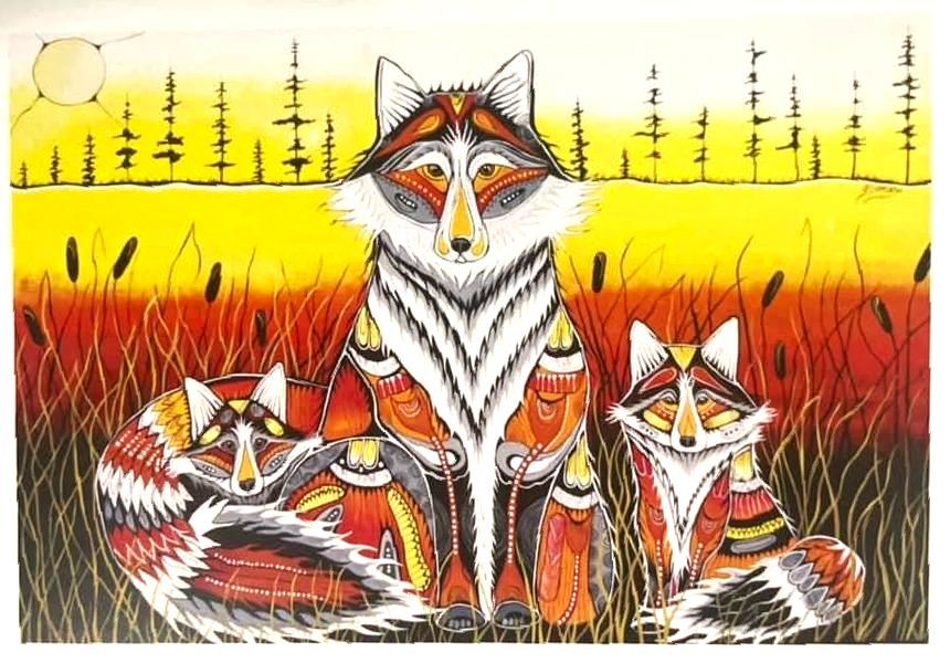 A painting of three foxes sitting in a field with trees in the background.