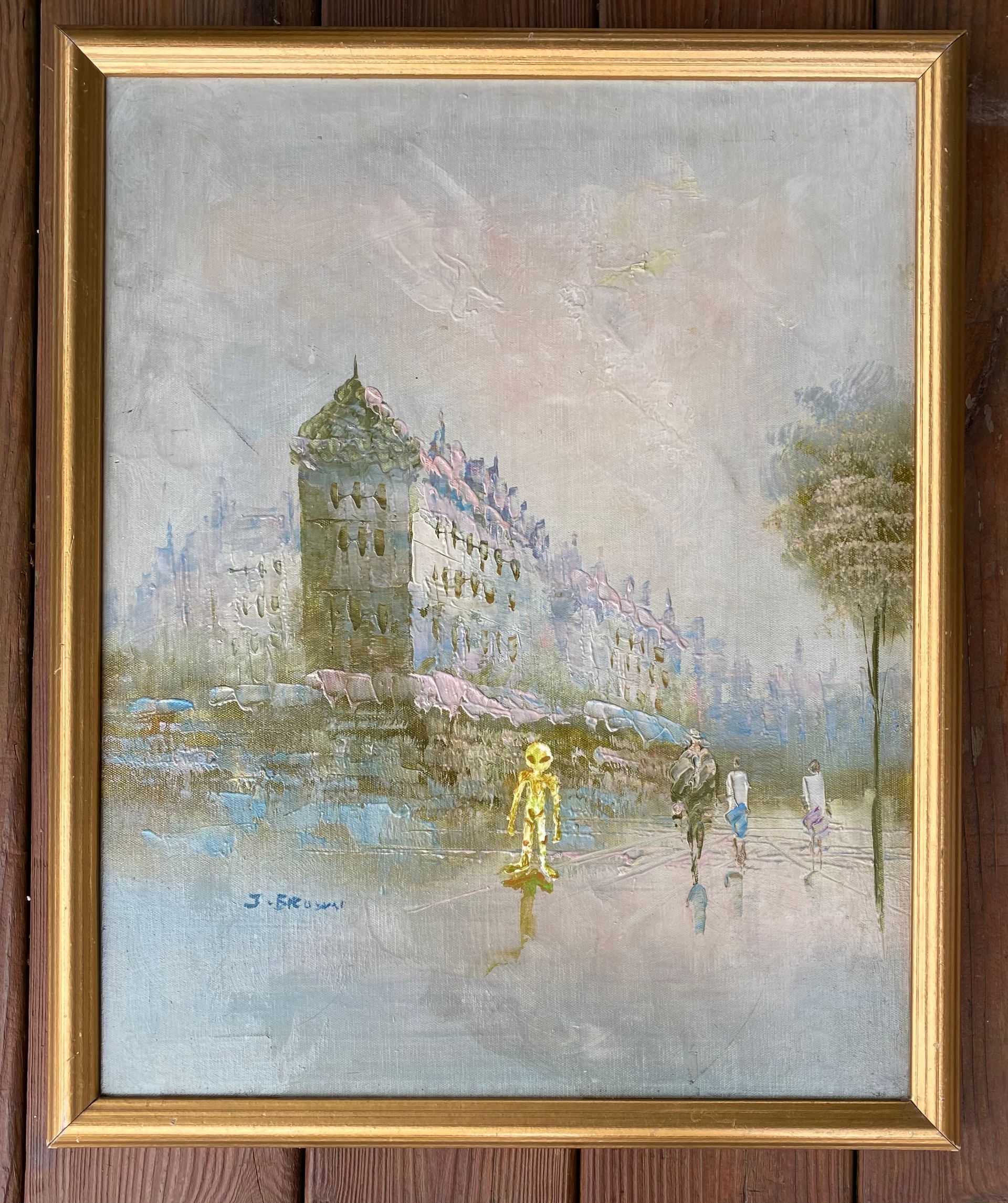 A painting of people walking down a street with a building in the background.
